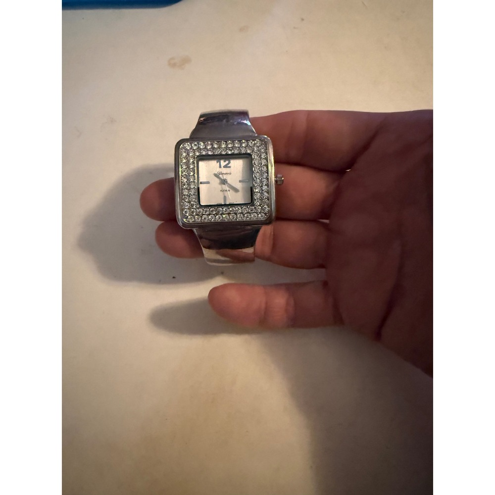 Geneva Platinum Womens Silver Tone Square Rhinestone Bezel Hinged Cuff Watch